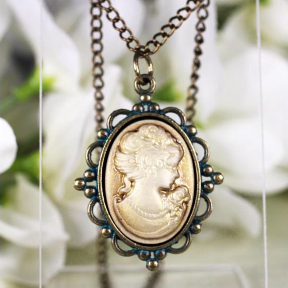 Cameo necklace, Turquoise and Bronze gold, patina filigree, antique style